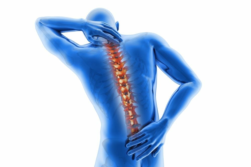 X-ray Image showing a blue body with red spine pain, with the hands touching the back neck and lower back with the other hand.