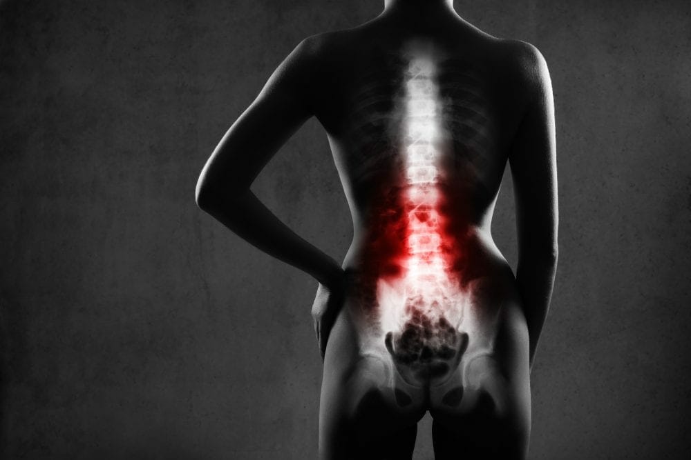 X-ray of back pain with the spine highlighted in red